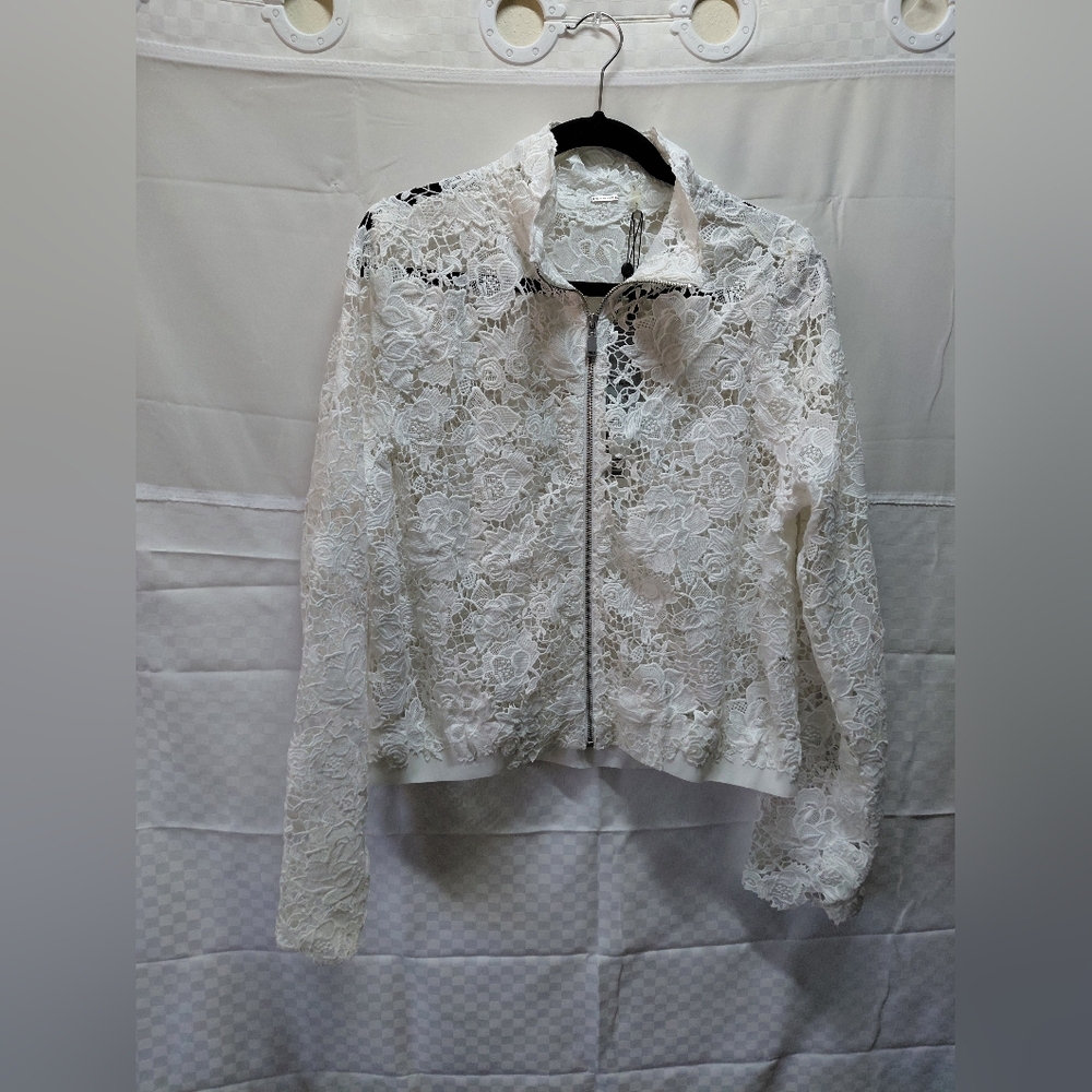 Elie Tahari White Lace Zip-Front Bomber Jacket